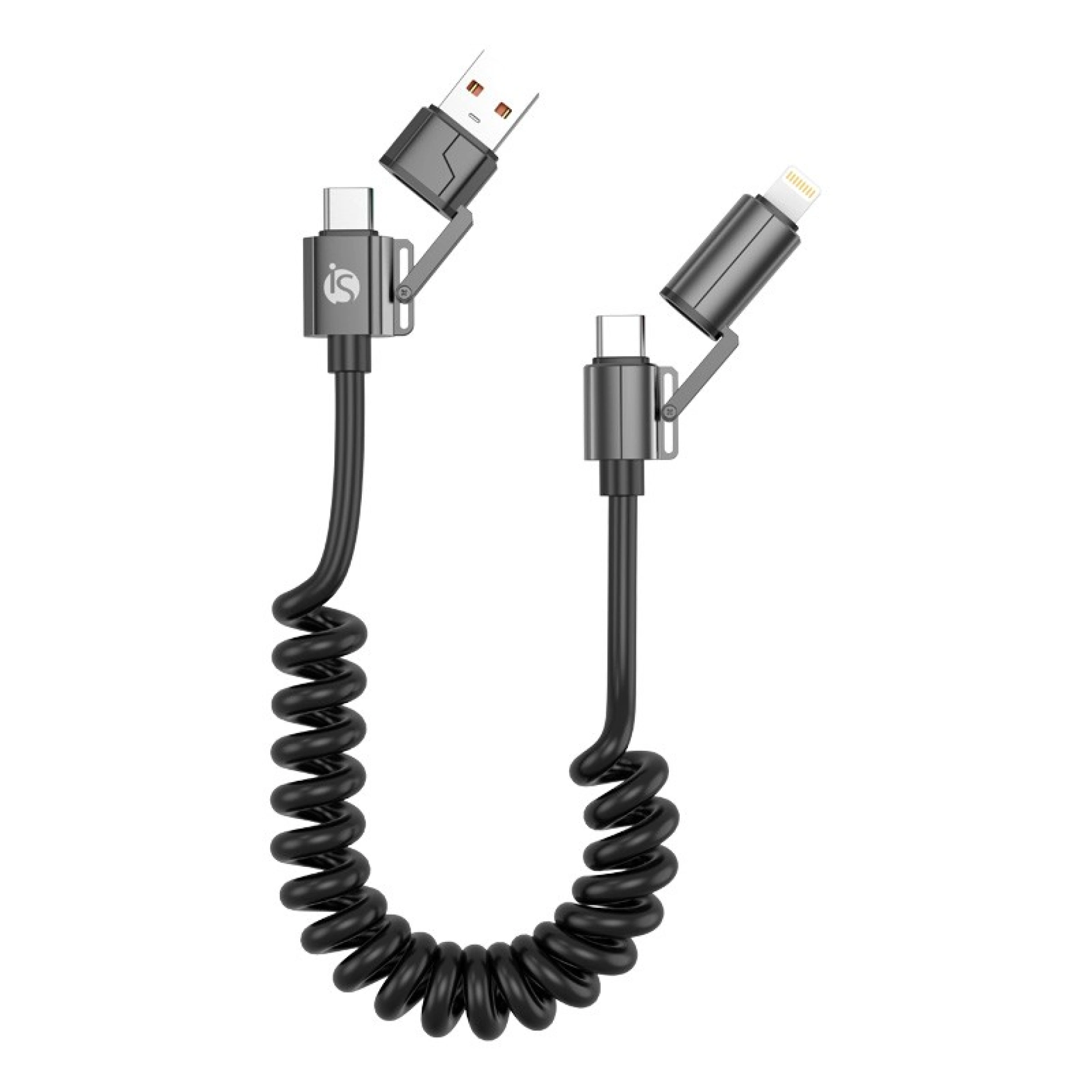 4-in-1 Spiral Cable - USB-A, USB-C, Lightning up to 60W